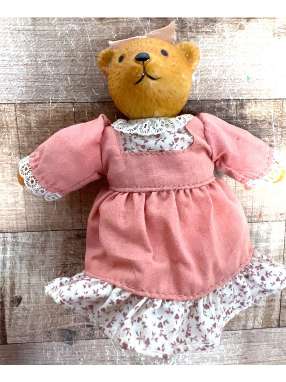 Vintage Miniature Porcelain Teddy Bear Doll Russ Berrie Pink Dress 5''